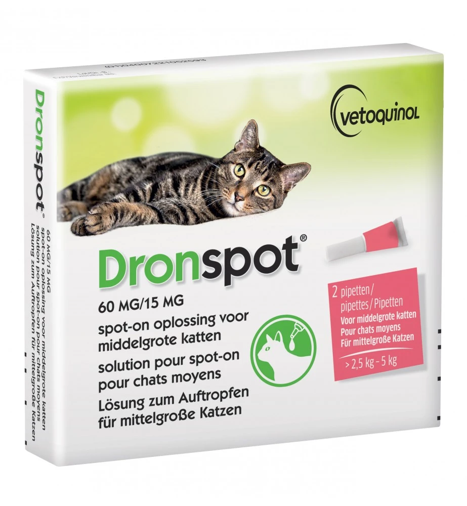 Vetoquinol Dronspot Middelgrote Kat 60 Mg / 15 Mg - 2.5 Kg T/m 5 Kg - 2 Pipetten 1 Vetoquinol Dronspot Middelgrote Kat 60 Mg / 15 Mg - 2.5 Kg T/m 5 Kg - 2 Pipetten