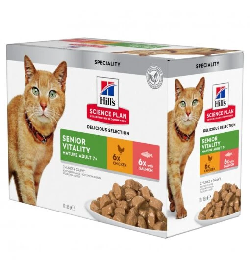 Hill's SP Mature Adult 7+ Senior Vitality Multipack Kip En Zalm - 4 X 12 X 85 Gram -Virba Huisdier Winkel hill s sp mature adult 7 senior vitality multipack kip en zalm 4 x 12 x 85 gram